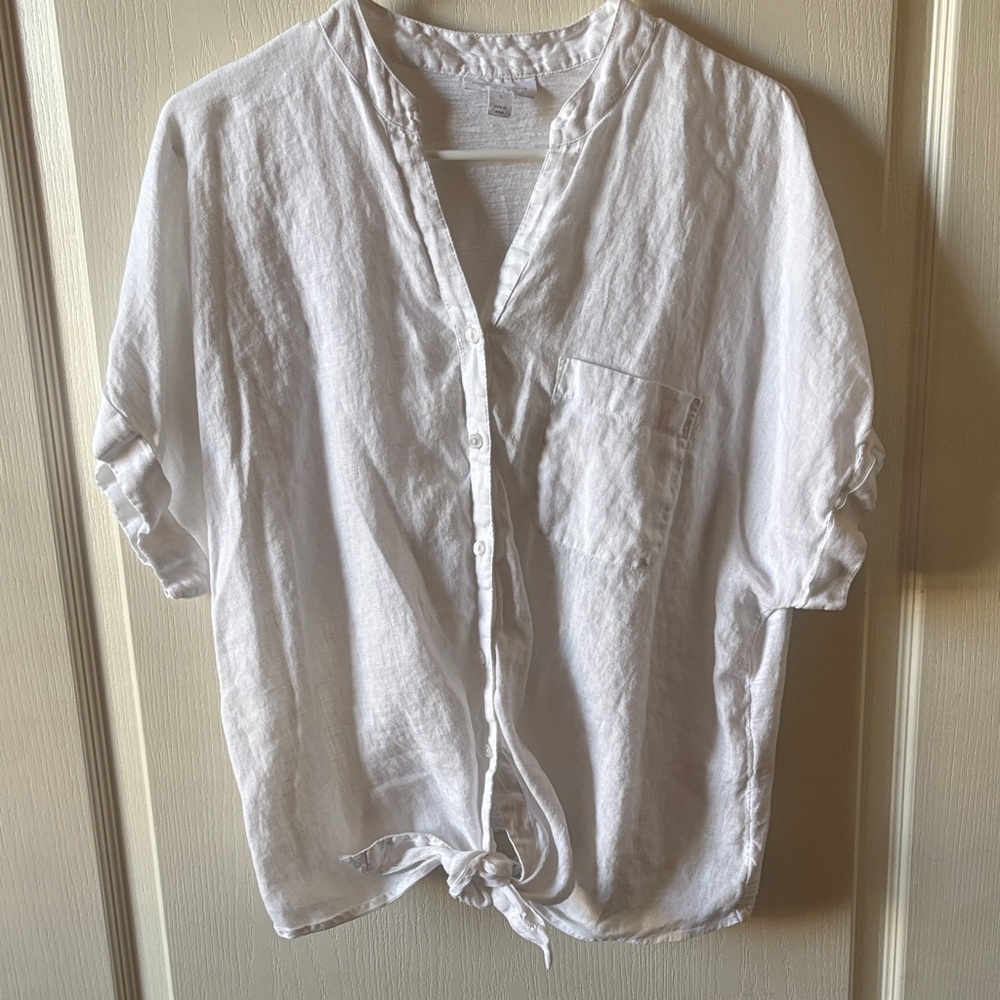 Charter Club White Casual Button-Down Shirt Tie Front 100% Cotton Linen